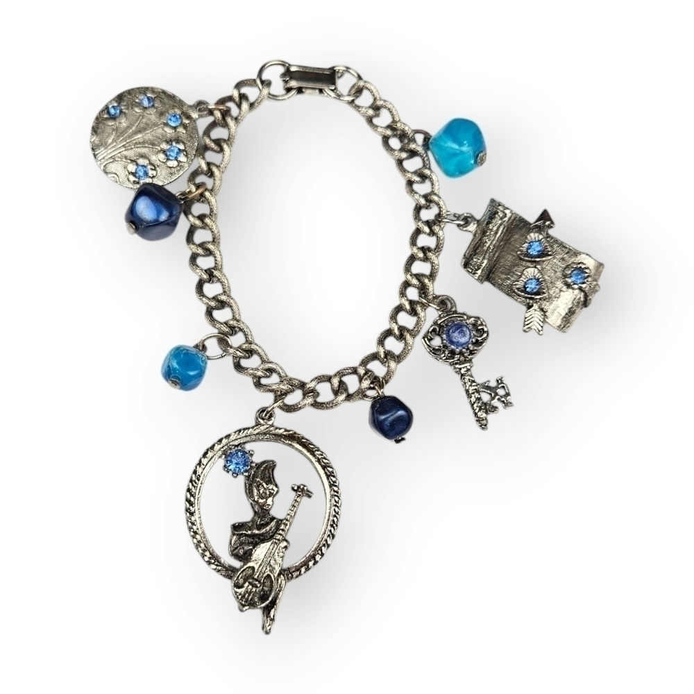 Vintage Rockabilly Charm Chain Bracelet Blue Rhinestone Bead Flower Key Bass 70s